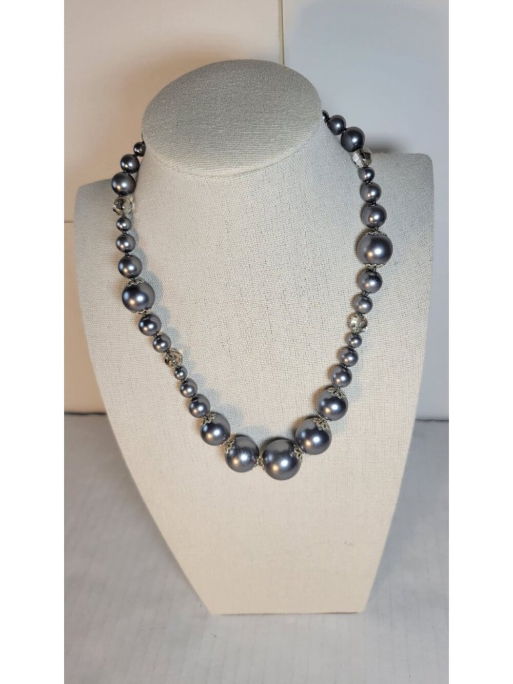 Faux Pearl & Crystal Silver-Tone Graduated Beaded Necklace With Adjustable Chain
